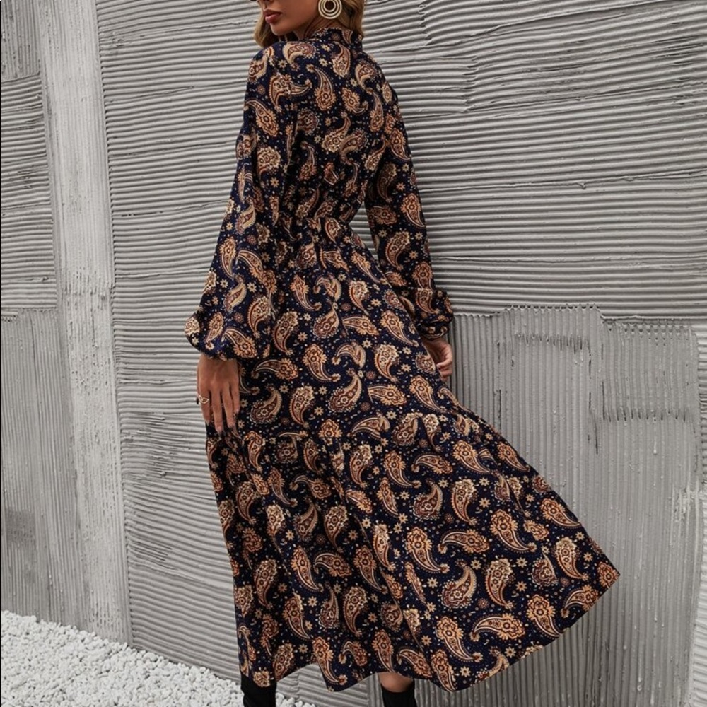 Boho Gypsy Paisley Floral Print Long Sleeve Shirt Dress Without Belt - Picture 7 of 7